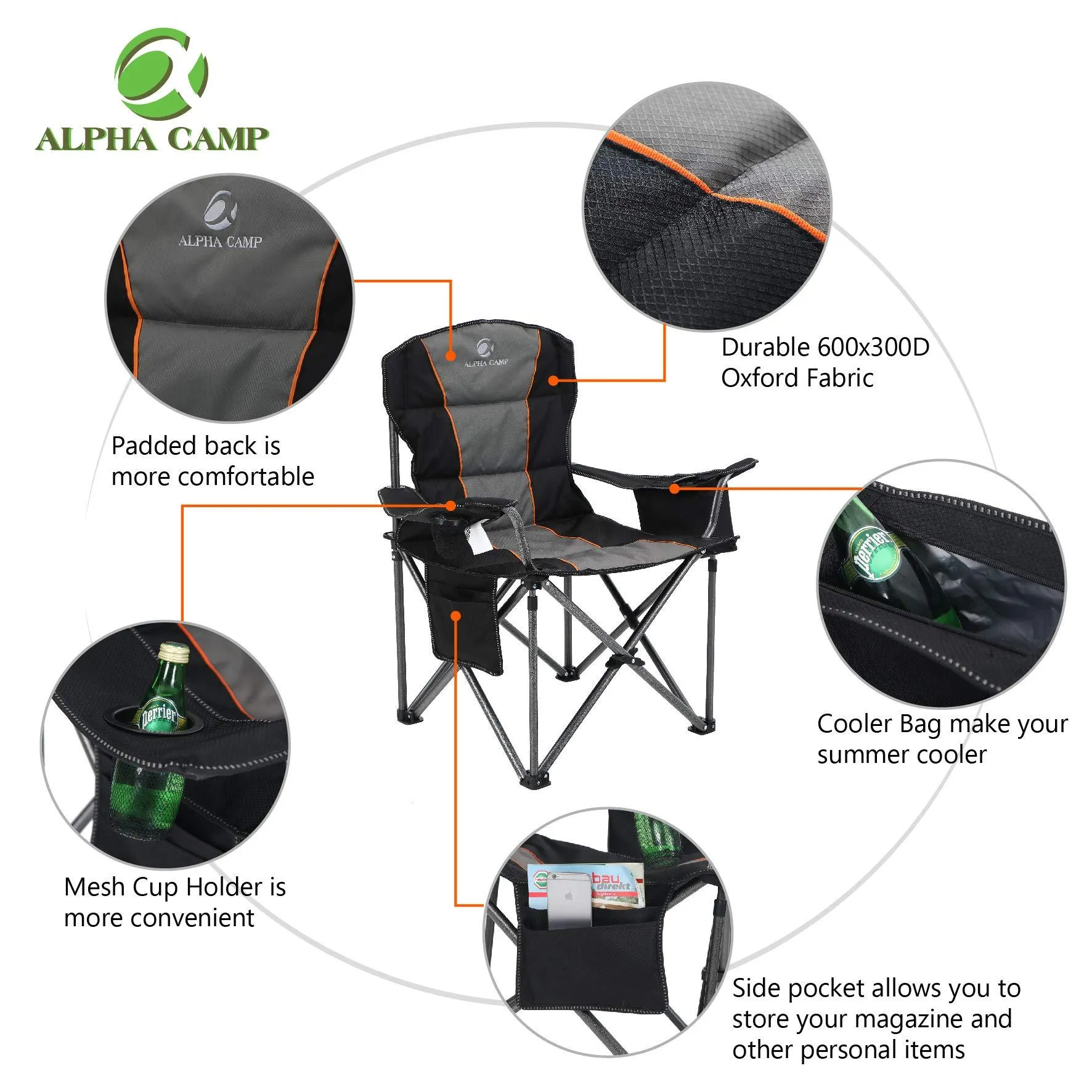 ALPHA CAMP Oversized Heavy Duty Camping Picnic Chairs Padded Arm Chair