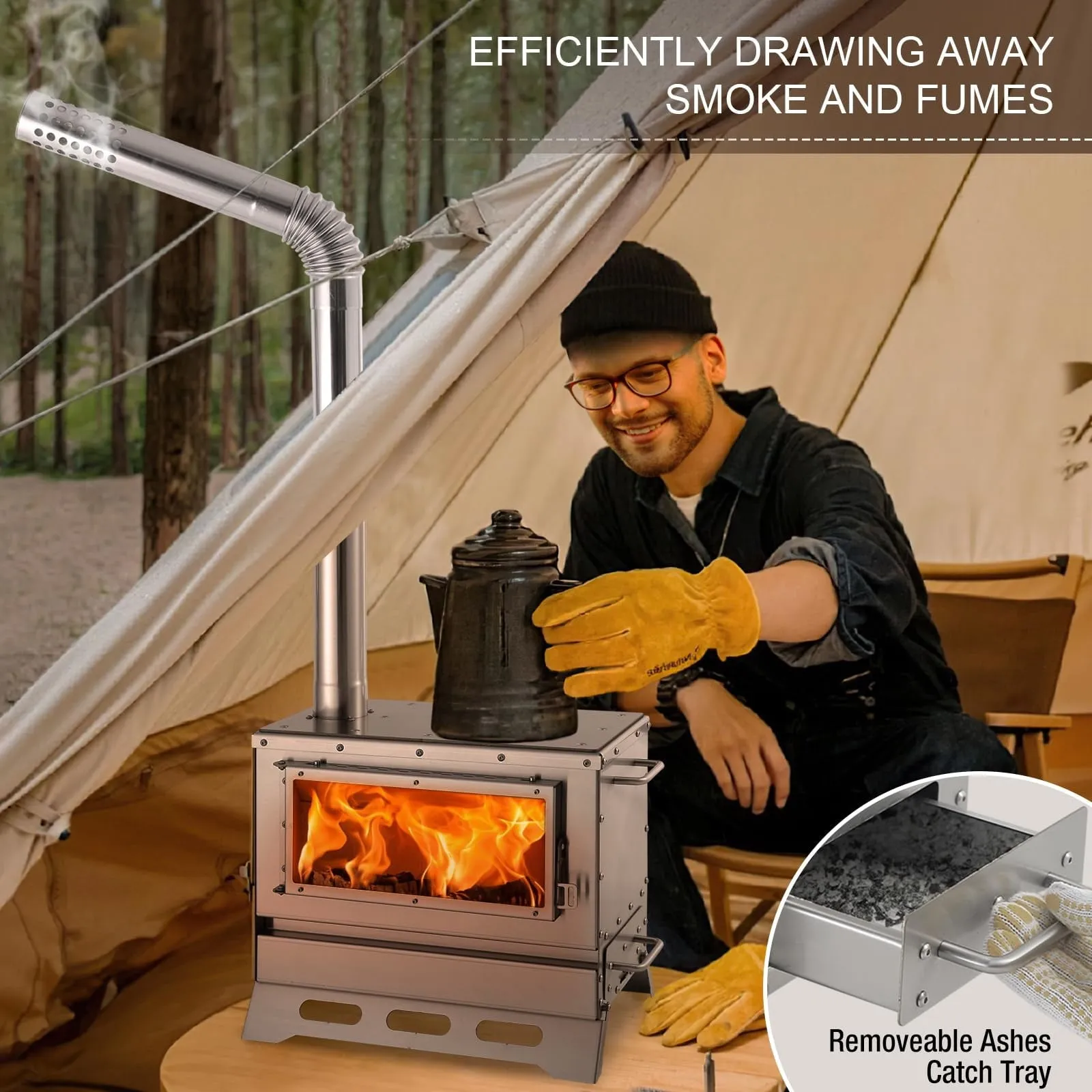 everyday Hot Tent Stove Wood Burning with Chimney Pipe, Portable Folding Tent Wood Stoves include View Glass & Carry Bag for Outdoor Heating, Cooking, Hunting