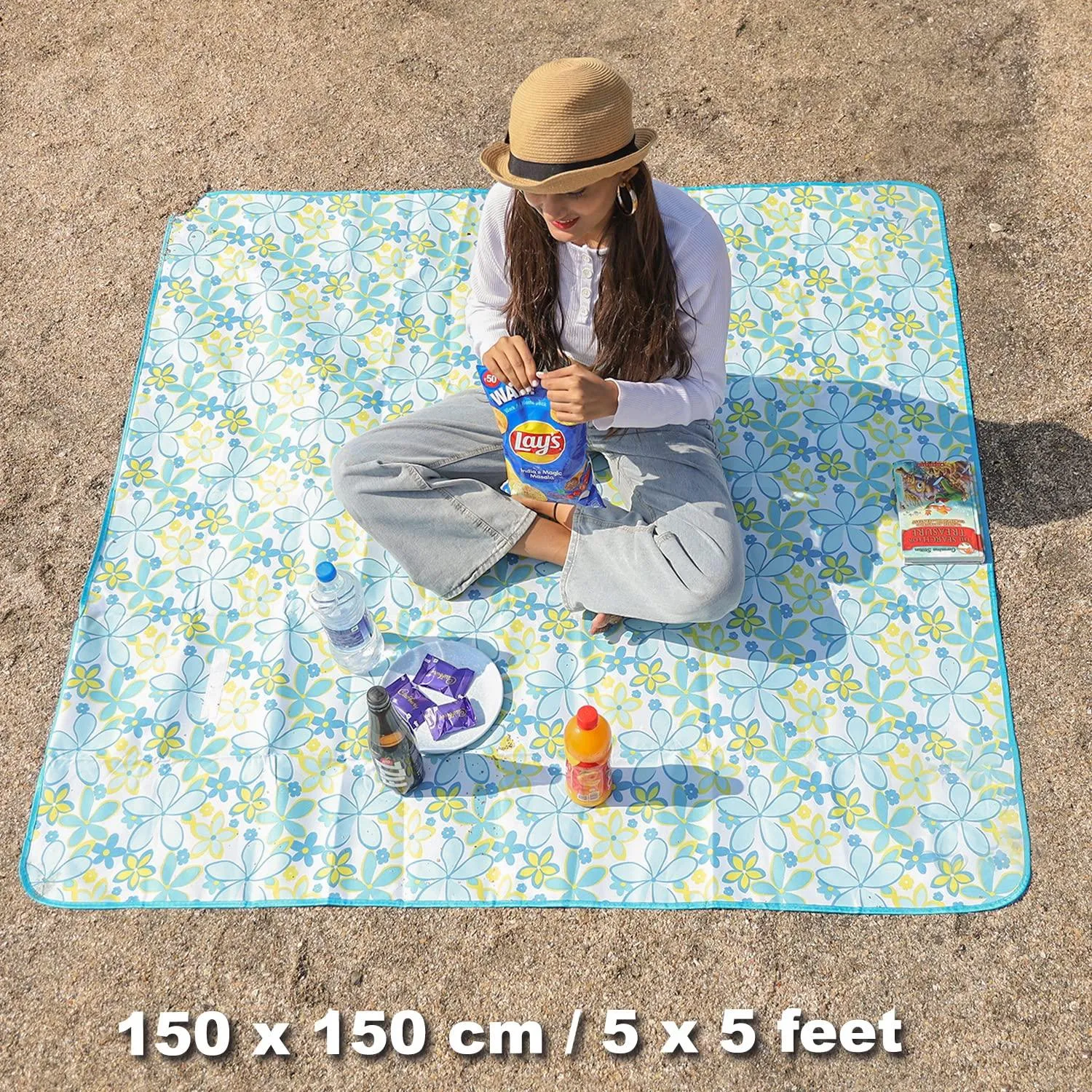 HOKIPO Foldable Waterproof and Sandproof Picnic Mat Blanket, Floral Blue