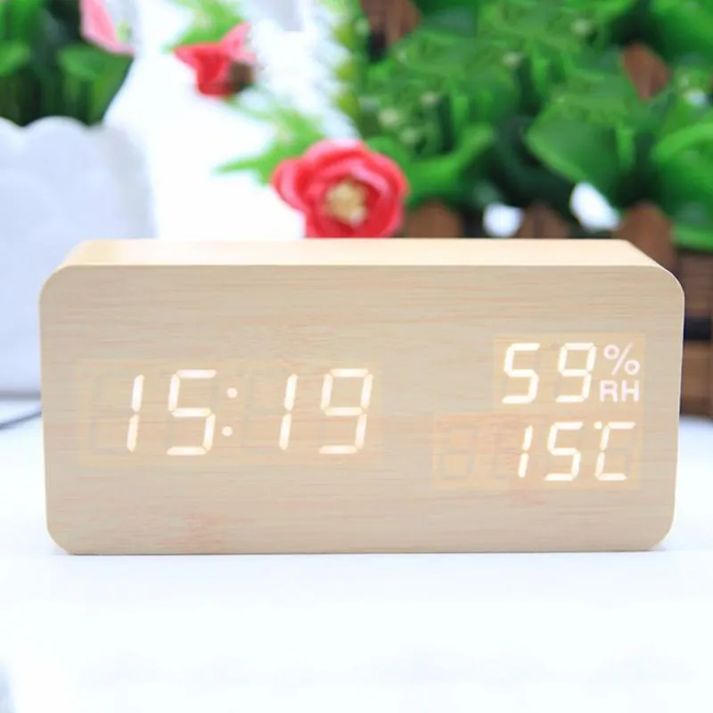 LED Display Multi-functional Wooden Alarm Clock