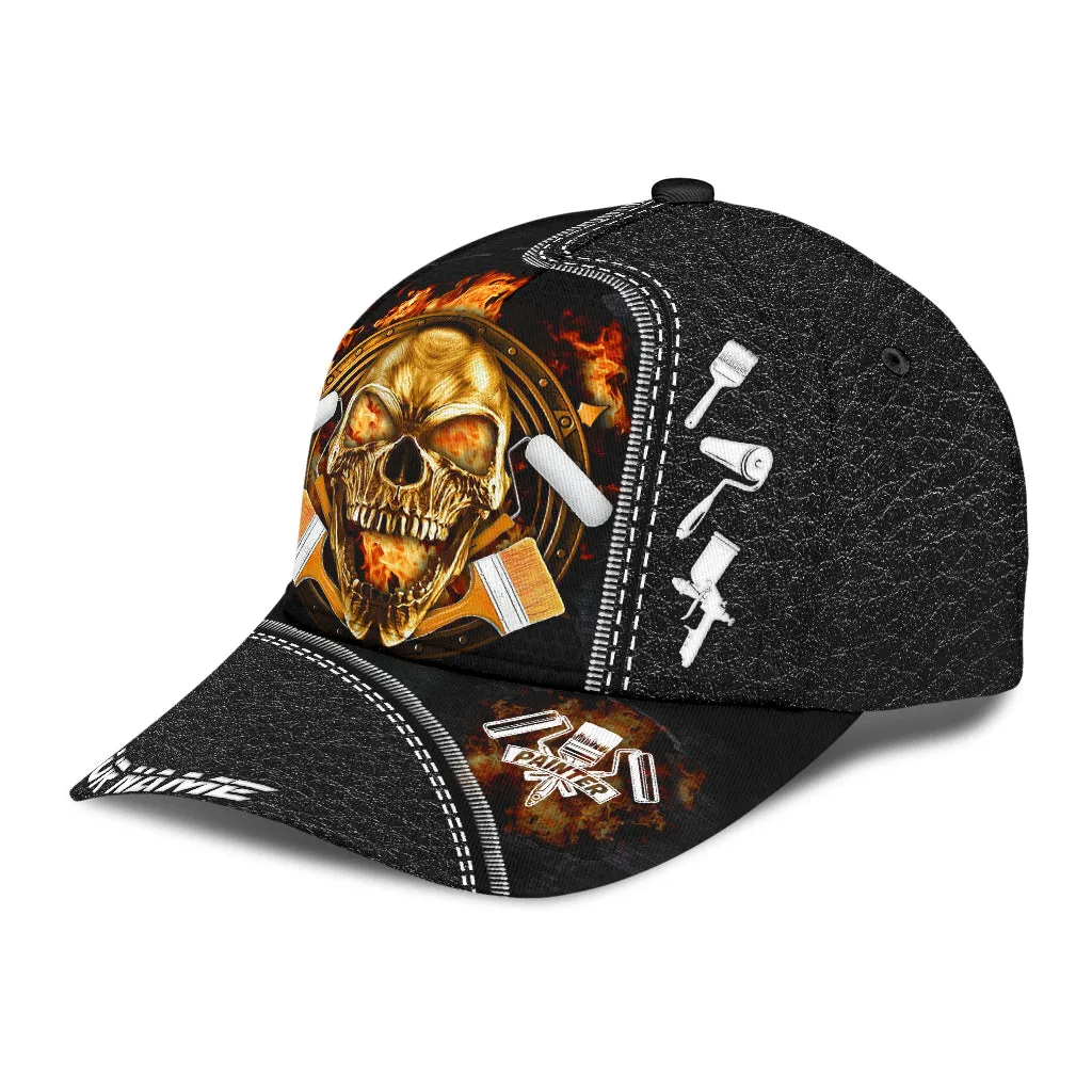 Personalized Name Painter Classic Cap Fire Skull Black Skull Cap Hat For Men Women