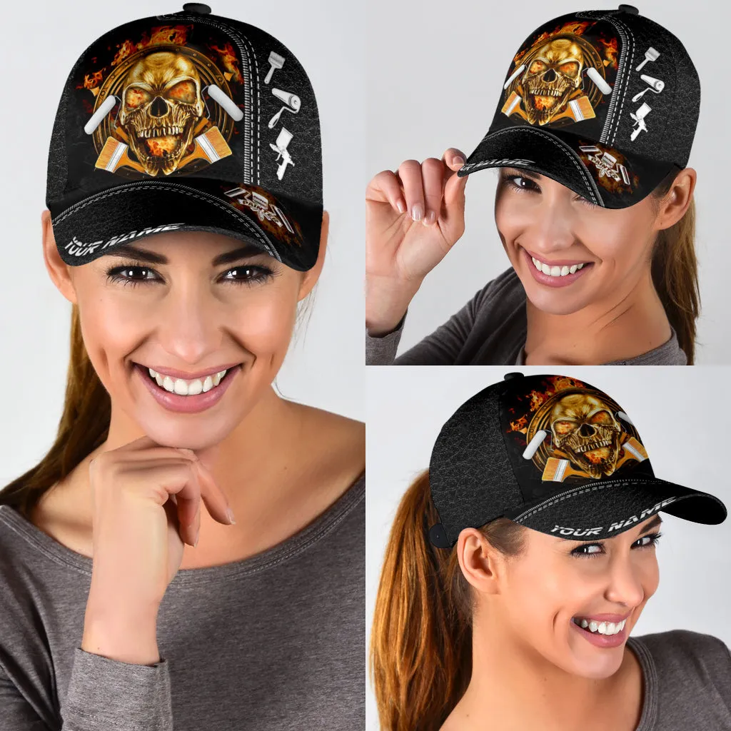 Personalized Name Painter Classic Cap Fire Skull Black Skull Cap Hat For Men Women