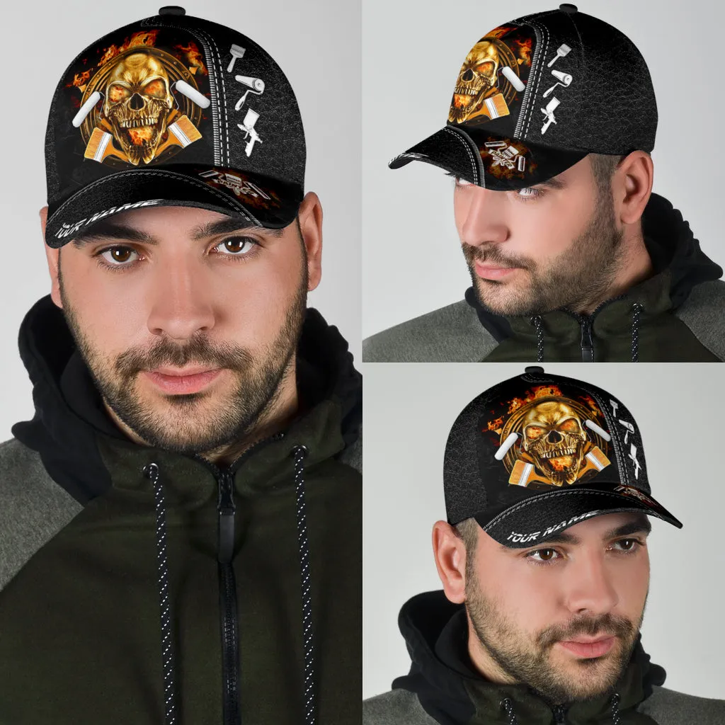 Personalized Name Painter Classic Cap Fire Skull Black Skull Cap Hat For Men Women