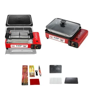 Portable Gas Stove Burner Butane BBQ Camping Gas Cooker With Non Stick Plate Red