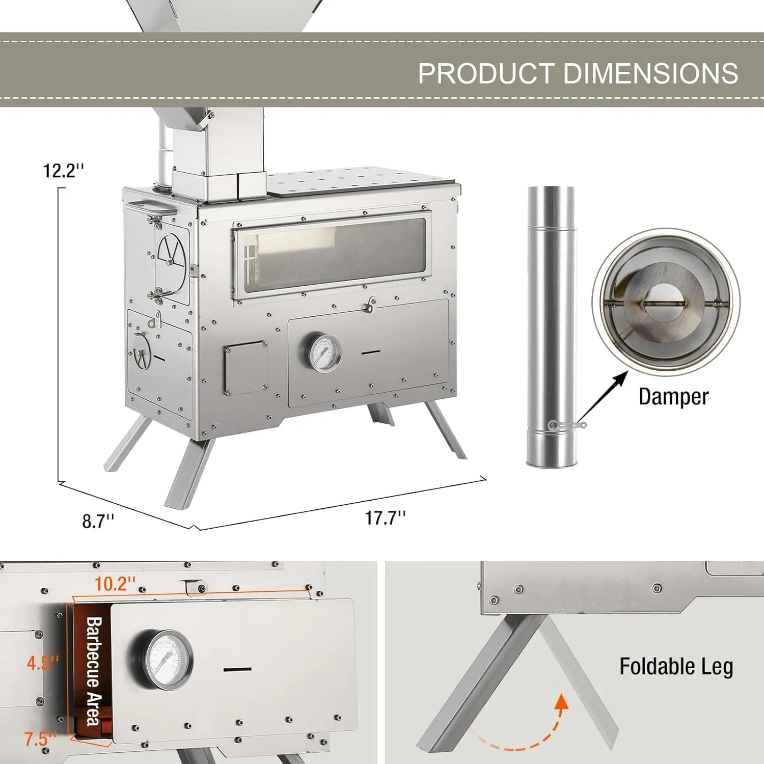 premium Wood Burning Stove with Oven - Portable Tent Stove with Chimney Pipes, 304 Stainless Steel Construction Outdoor Hot Tent Camping Stove for Winter, Hunting, Cooking, Hiking, Fishing