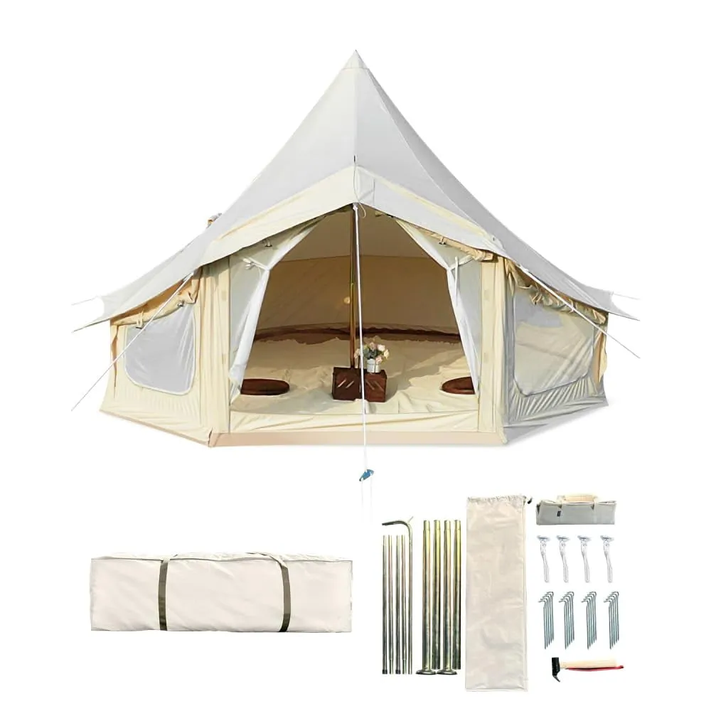 timeless Canvas Bell Tent, 4 Seasons Yurt Tent with 2 Stove Jack, 4 Mesh Zippers Windows, 3 Size Breathable Waterproof Tent Suitable for 4-12 People, Family Camping Outdoor Party