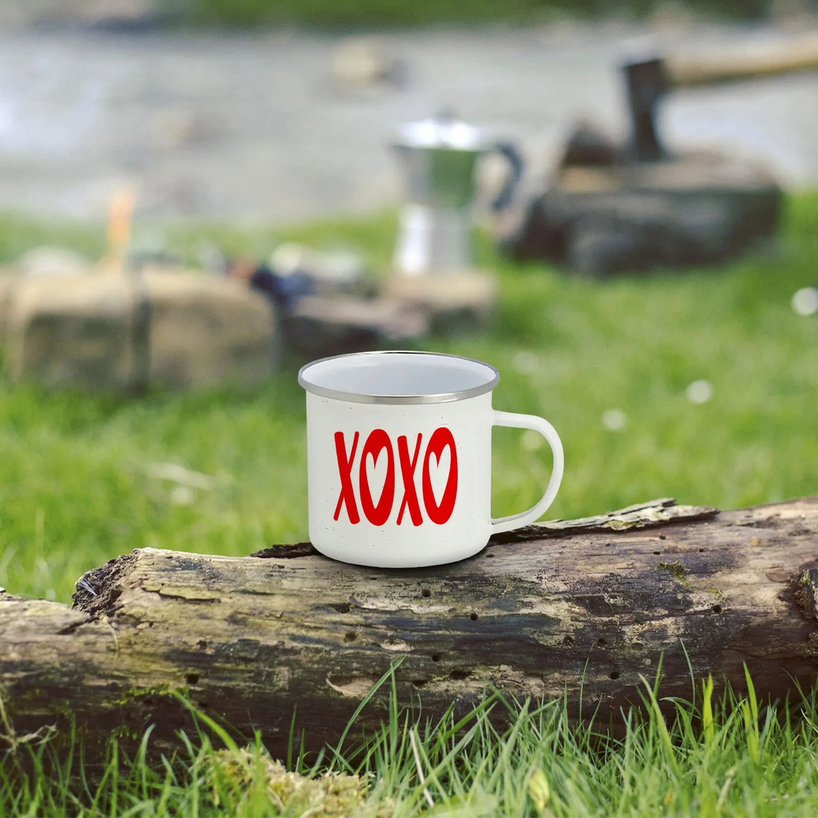 Valentine's Day Gift and Home Decor - XOXO Enamel Camping Coffee Mug, 15 Ounce Tin Cup (White)