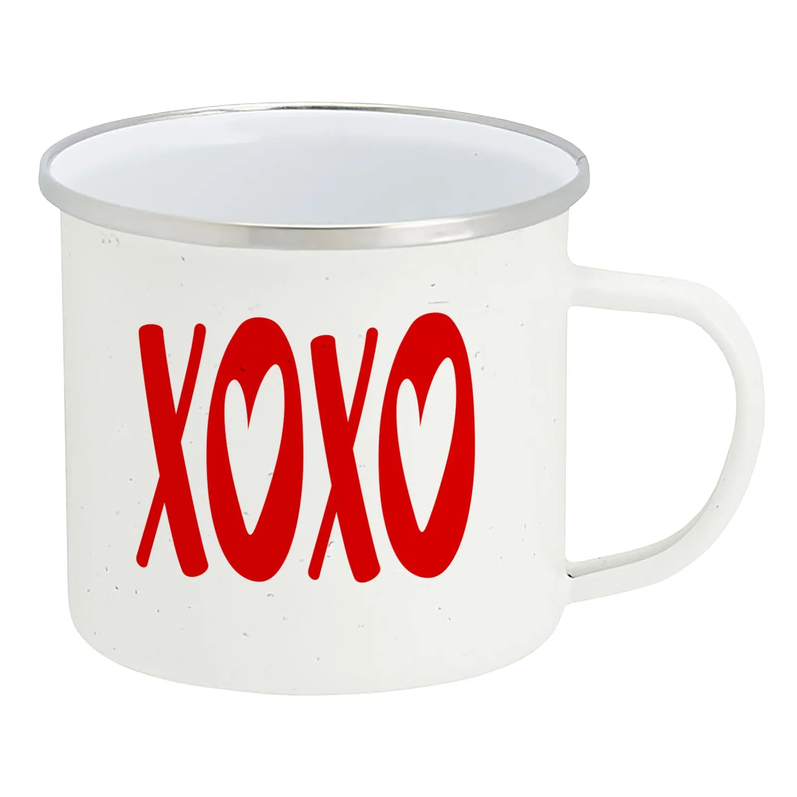 Valentine's Day Gift and Home Decor - XOXO Enamel Camping Coffee Mug, 15 Ounce Tin Cup (White)