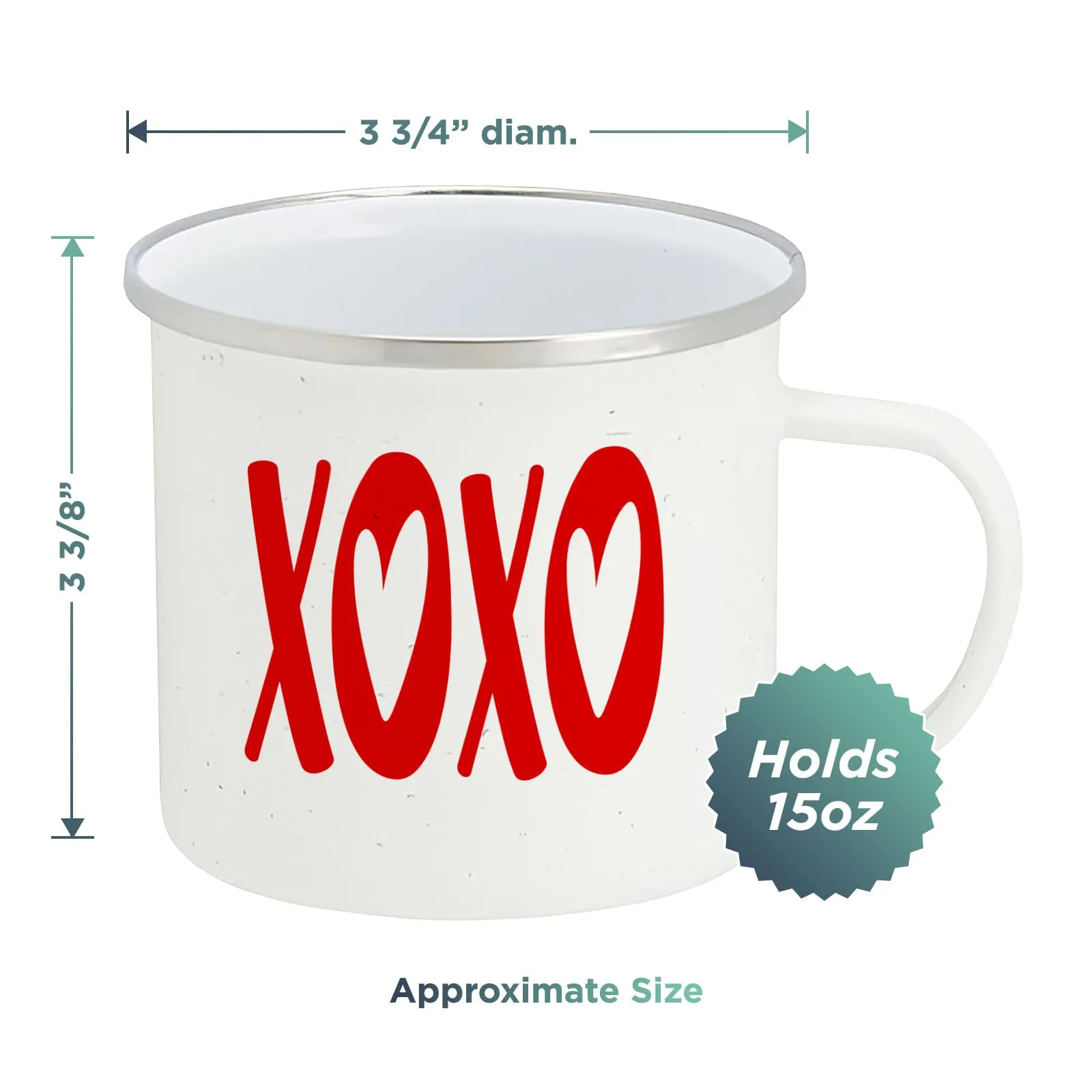 Valentine's Day Gift and Home Decor - XOXO Enamel Camping Coffee Mug, 15 Ounce Tin Cup (White)