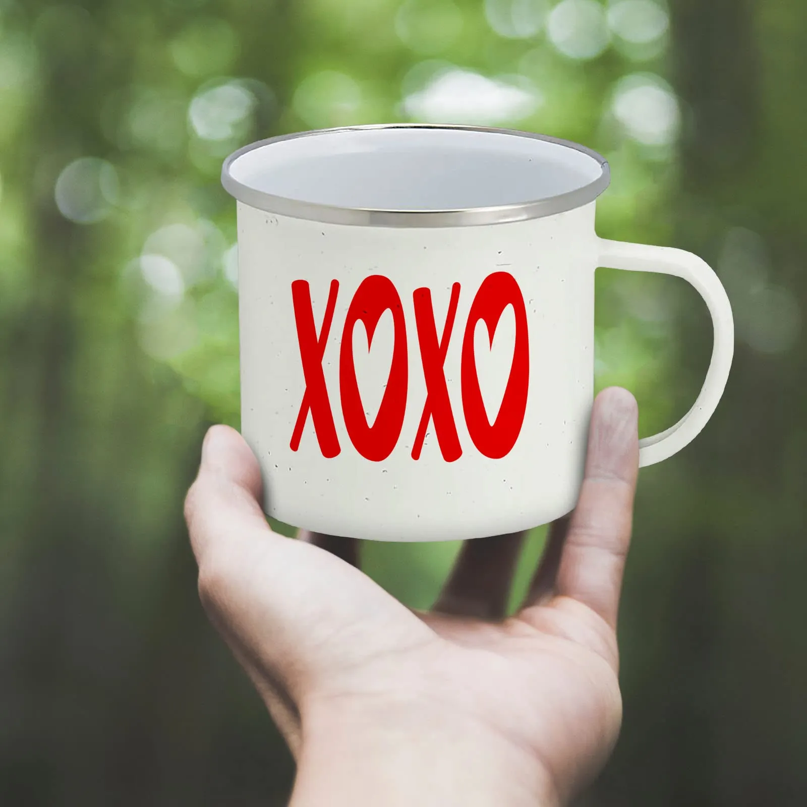 Valentine's Day Gift and Home Decor - XOXO Enamel Camping Coffee Mug, 15 Ounce Tin Cup (White)