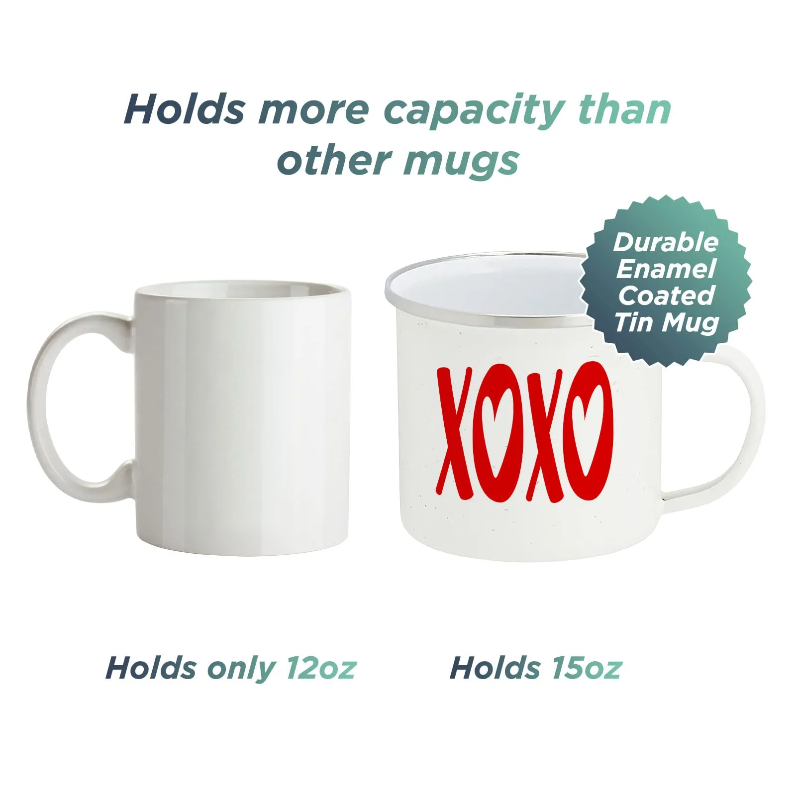 Valentine's Day Gift and Home Decor - XOXO Enamel Camping Coffee Mug, 15 Ounce Tin Cup (White)